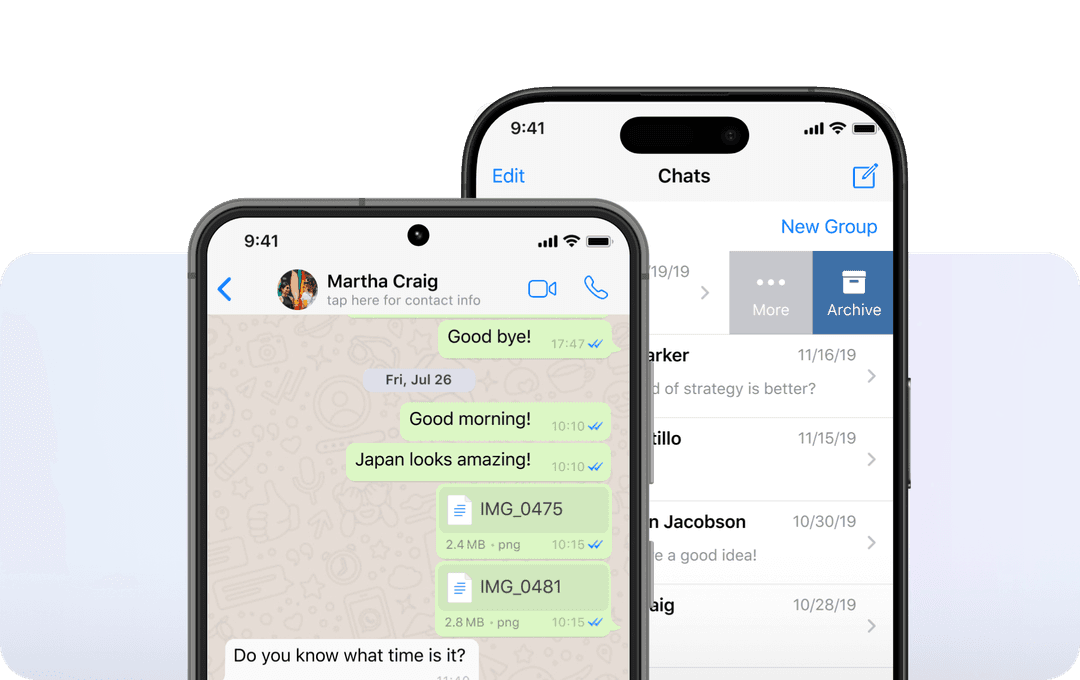Smartphone screens showing WhatsApp chat export steps