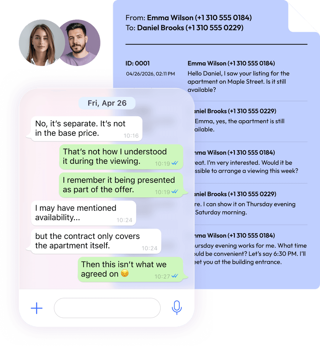 Preview of a court-ready PDF with chat messages, timestamps, and participant names